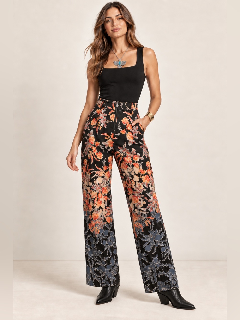 BCBGMaxAzria Black and Orange Floral Pants
